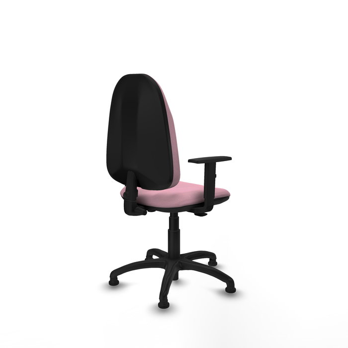 Silla de oficina Algarra con mecanismo Contacto permanente básico tapizada con Tela color Rosa. Equipada con Base poliamida negra, Brazos 1Dy Topes
