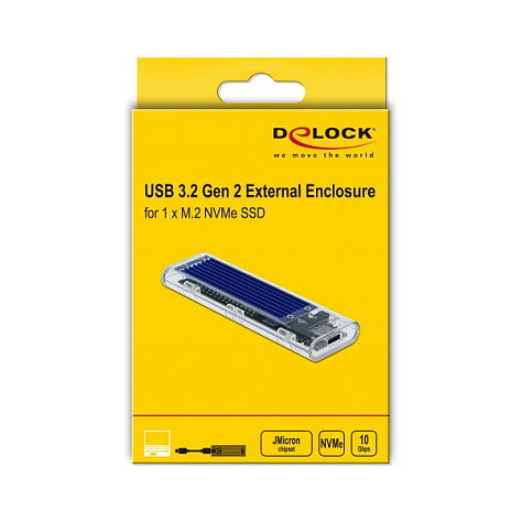 DeLOCK Caja Externa SSD M.2 NVMe PCIe, USB Tipo-C, Transparente Azul, Plug and Play, JMicron JMS583, Velocidad 10 Gbit/s, Compatible con Windows, Mac, Linux, Android