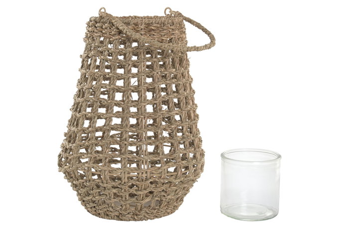 DKD Home Decor Portavelas Seagrass Cristal Natural 25x25x50