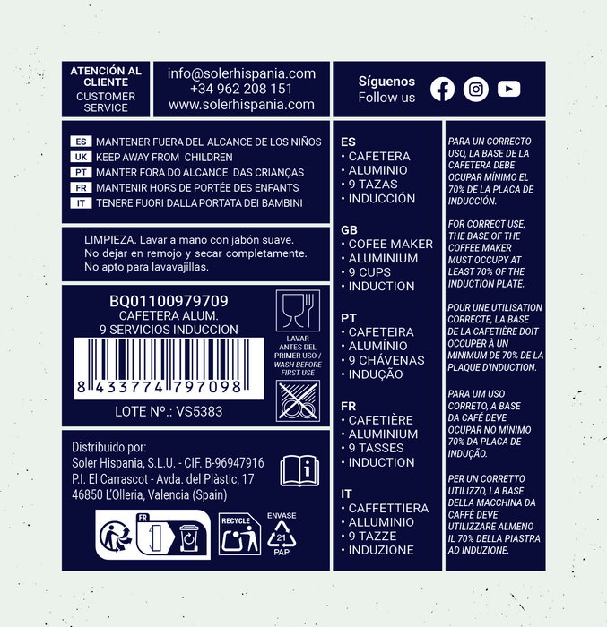 Inde Cafetera de Aluminio para 9 Servicios, Capacidad 450ml, Sistema de Inducción, 18 cm, Color Plata (6 Unidades)