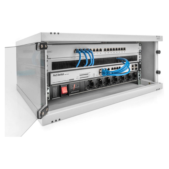Digitus Gabinete de Pared Rack SOHO 4HE 241x540x400 mm Gris, Estructura Acero, Puerta Frontal de Cristal, Capacidad 60 kg, IP20, Incluye Kit de Montaje
