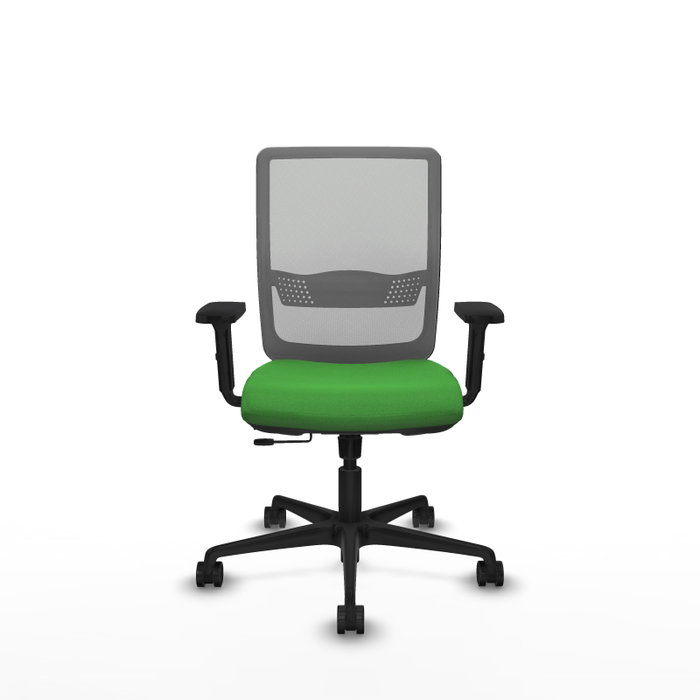 Silla de oficina Haches con mecanismo Sincro/Traslack tapizada con Tela color Verde y malla color Gris. Equipada con lumbar 1D, Brazos 2D y Ruedas 65mm nailon