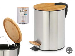 Berilo Papelera Acero 5L con Tapa de Bambú 20 x 26 x 25 cm (Set de 4)