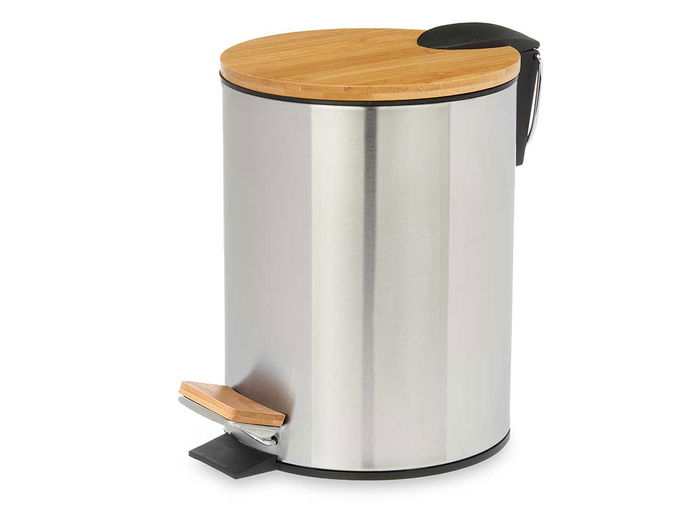 Berilo Papelera Acero 5L con Tapa de Bambú 20 x 26 x 25 cm (Set de 4)