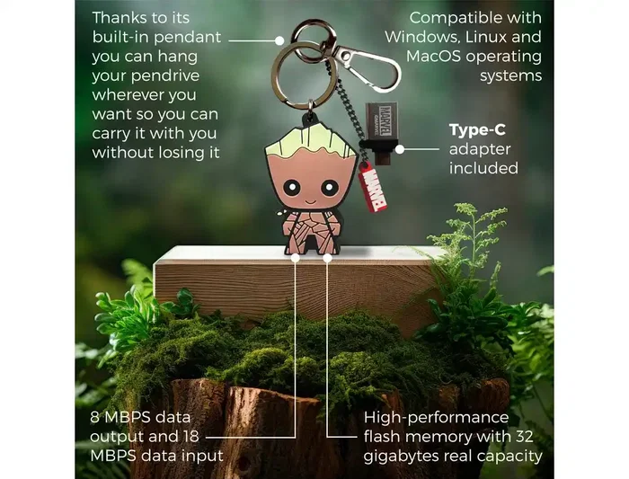 Wondee Memoria USB 32GB Groot Llavero con Adaptador USB C Compatible Windows/macOS/Linux Wondee Memoria USB 32GB Groot Llavero con Adaptador USB C Compatible Windows/macOS/Linux