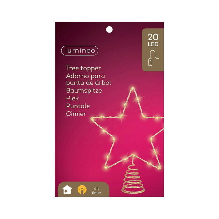 Lumineo Adorno Estrella para Árbol de Navidad Dorado 20 LEDs Luz Cálida Metal 23 x 6 x 25,5 cm