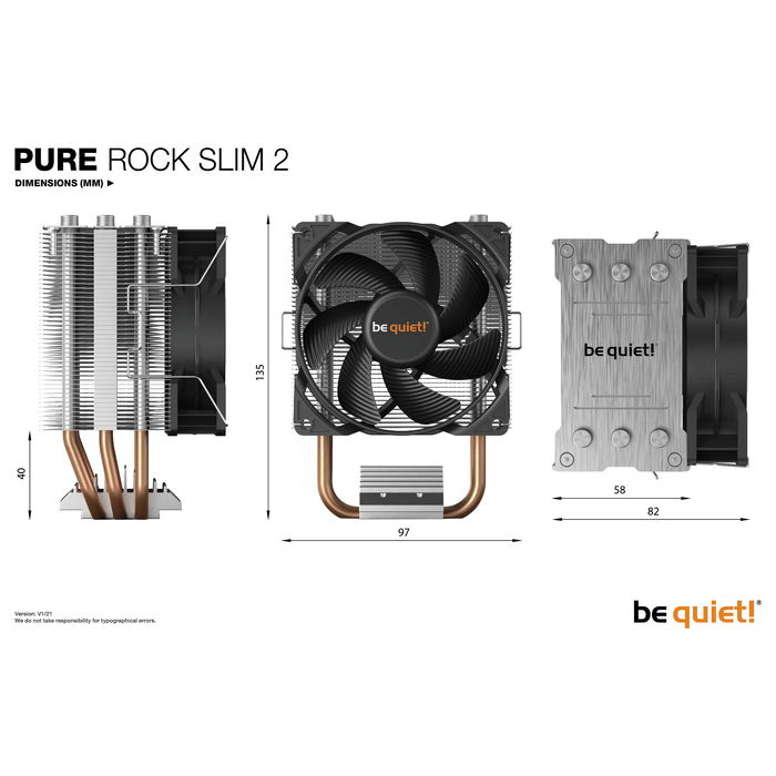 be quiet! Pure Rock Slim 2 Enfriador CPU para Procesador, Compatible con FMx, AM3/4/5, 115x, 1200, 1700, TDP 130W