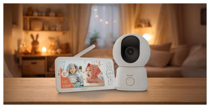 Arenti AInanny B2 Cámara de Vigilancia WiFi con Pantalla LCD de 5 Pulgadas, Visión Nocturna, Blanco