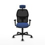 Silla de oficina Alfera con mecanismo Sincro tapizada con Tela color Azul marino y malla color Negro. Equipada con lumbar 1D, Brazos 1D, Cabecero 2D y Ruedas 65mm nailon
