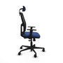 Silla de oficina Alfera con mecanismo Sincro tapizada con Tela color Azul marino y malla color Negro. Equipada con lumbar 1D, Brazos 1D, Cabecero 2D y Ruedas 65mm nailon