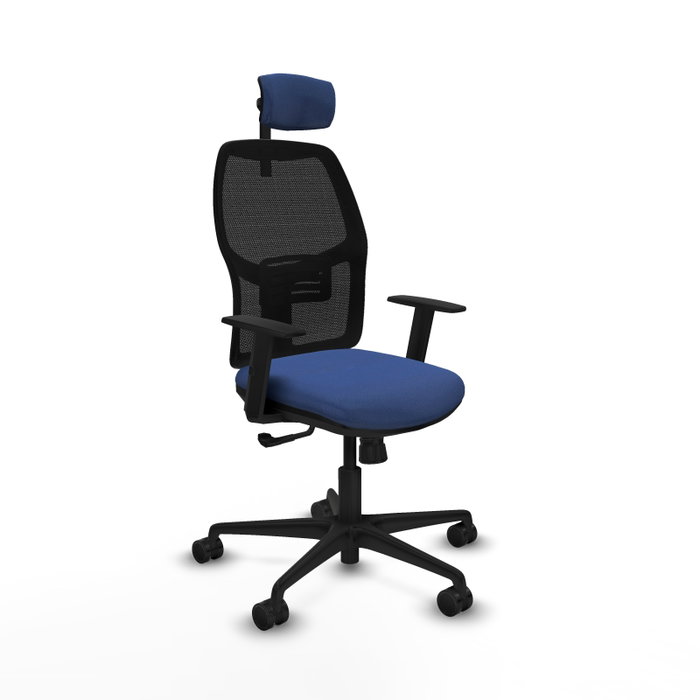 Silla de oficina Alfera con mecanismo Sincro tapizada con Tela color Azul marino y malla color Negro. Equipada con lumbar 1D, Brazos 1D, Cabecero 2D y Ruedas 65mm nailon Silla de oficina Alfera con mecanismo Sincro tapizada con Tela color Azul marino y malla color Negro. Equipada con lumbar 1D, Brazos 1D, Cabecero 2D y Ruedas 65mm nailon