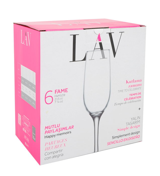 Lav Set 6 Copas de Champagne 215 cc Colección Fame 5.5x4.8x23 cm (4 Cajas)