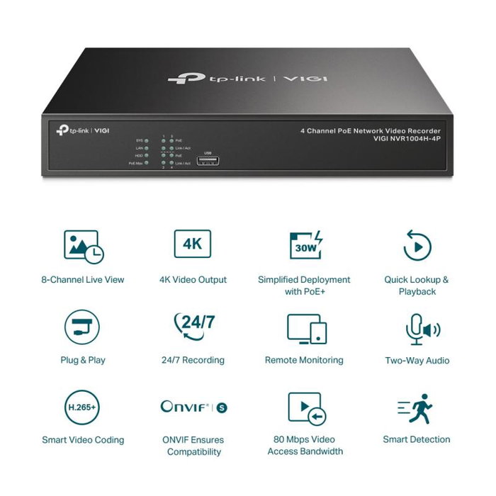 TP-LINK Grabadora de Video NVR1004H-4P VIGI NVR1004H-4P para 4 Cámaras, Color Negro