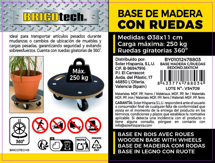 Bricotech Base de Madera Redonda con Ruedas 38x11cm
