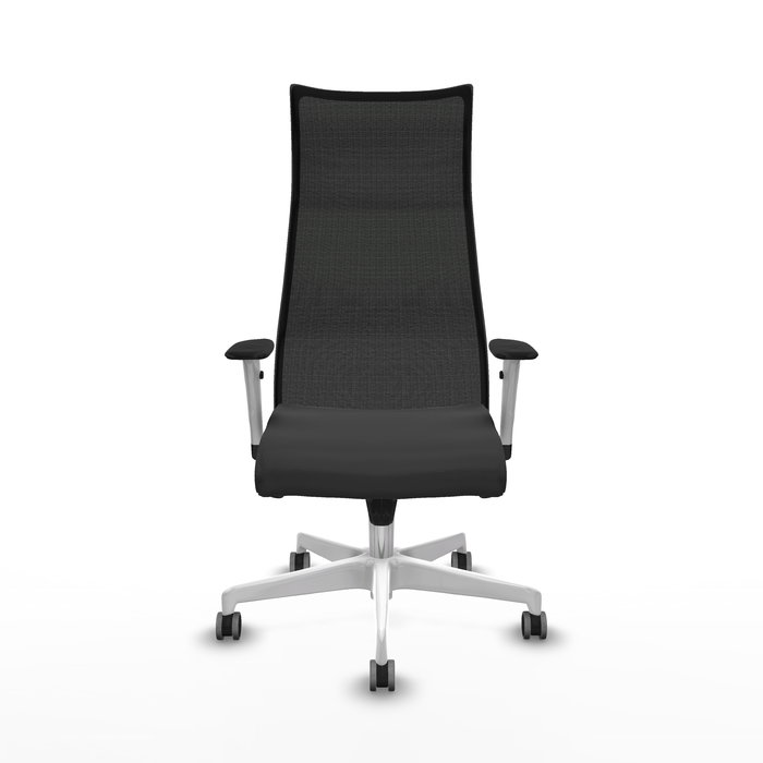 Sillón Albacete con mecanismo Sincro tapizada con Similpiel color Gris oscuro y malla color Negro. Equipado con Base poliamida blanca, Brazos 1D y Ruedas 65 mm parqué