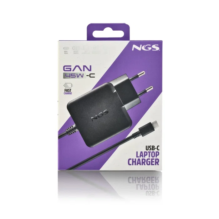 NGS Cargador de Pared GaN 45W USB-C (GAN45W-C) con PD 3.0, PPS, para Portátil, Tablet y Smartphone, Negro, Cable 1.5m