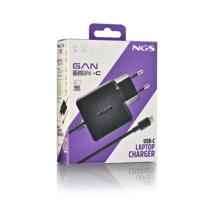 NGS Cargador de Pared GaN 45W USB-C (GAN45W-C) con PD 3.0, PPS, para Portátil, Tablet y Smartphone, Negro, Cable 1.5m
