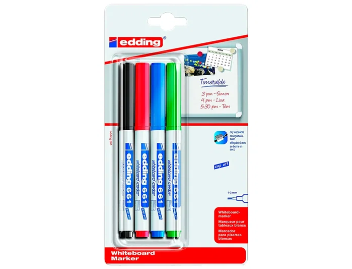 Edding 661 Rotuladores para pizarra blanca, punta redonda 1-2 mm, colores surtidos, 4 unidades