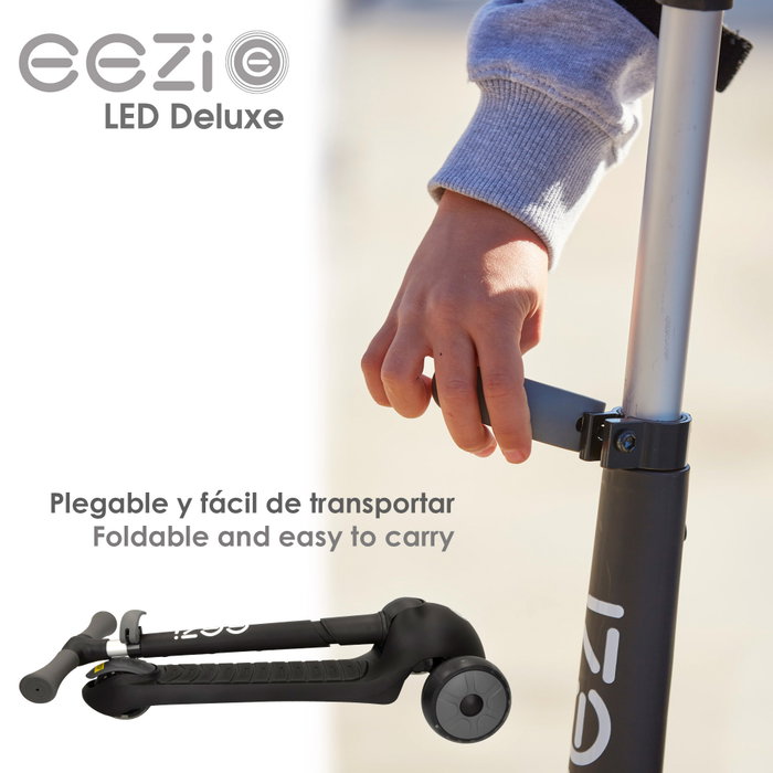 EEZI Patinete de 3 ruedas negro con luces y manillar plegable