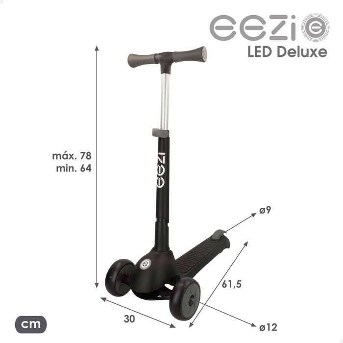 EEZI Patinete de 3 ruedas negro con luces y manillar plegable