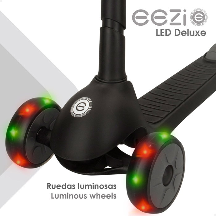 EEZI Patinete de 3 ruedas negro con luces y manillar plegable