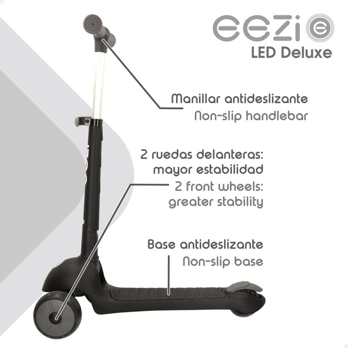 EEZI Patinete de 3 ruedas negro con luces y manillar plegable