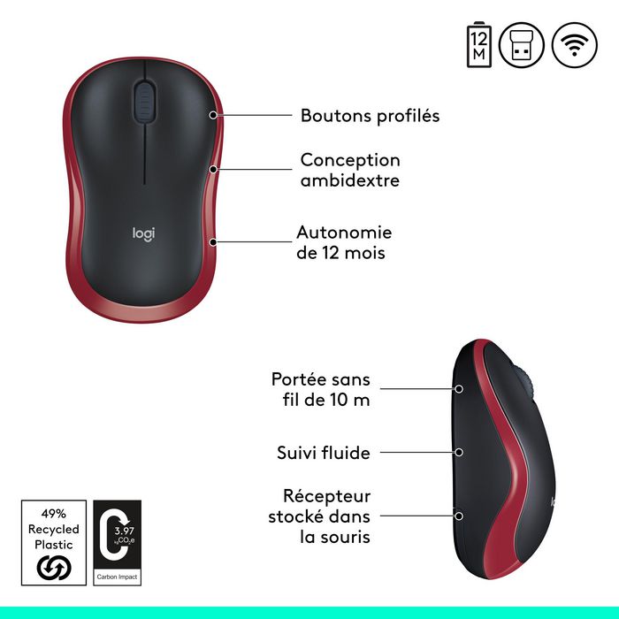 Logitech M185 Ratón Inalámbrico Ambidextro Negro y Rojo