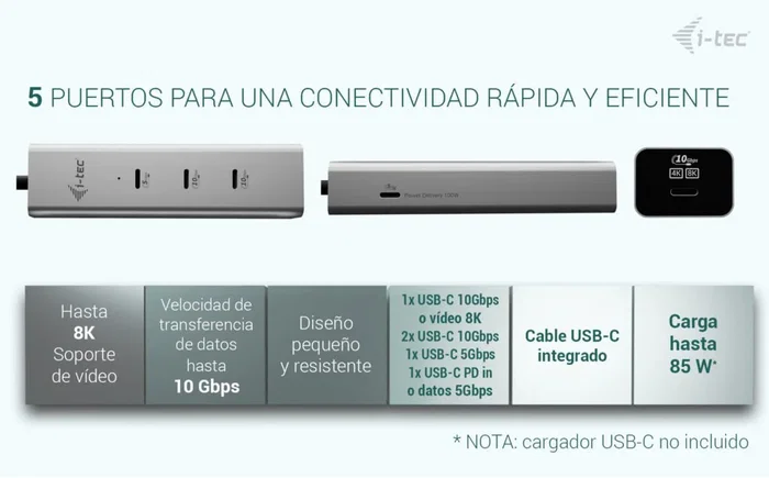 i-tec Hub USB-C Metal C31HUBMETAL8KPDPRO - 5 Puertos con Salida Video 8K, Carga PD 85W, 2x USB-C 3.2 Gen2 (10Gbps) y 1x USB-C 3.2 Gen1, Plata