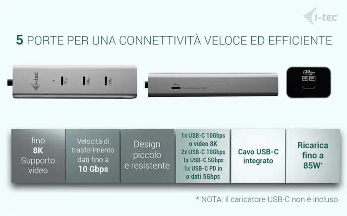 i-tec Hub USB-C Metal C31HUBMETAL8KPDPRO - 5 Puertos con Salida Video 8K, Carga PD 85W, 2x USB-C 3.2 Gen2 (10Gbps) y 1x USB-C 3.2 Gen1, Plata