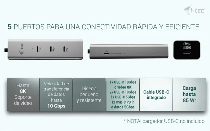 I-TEC Charge Metal Hub 5 Puertos USB-C 8K 85W Plata I-TEC Charge Metal Hub 5 Puertos USB-C 8K 85W Plata
