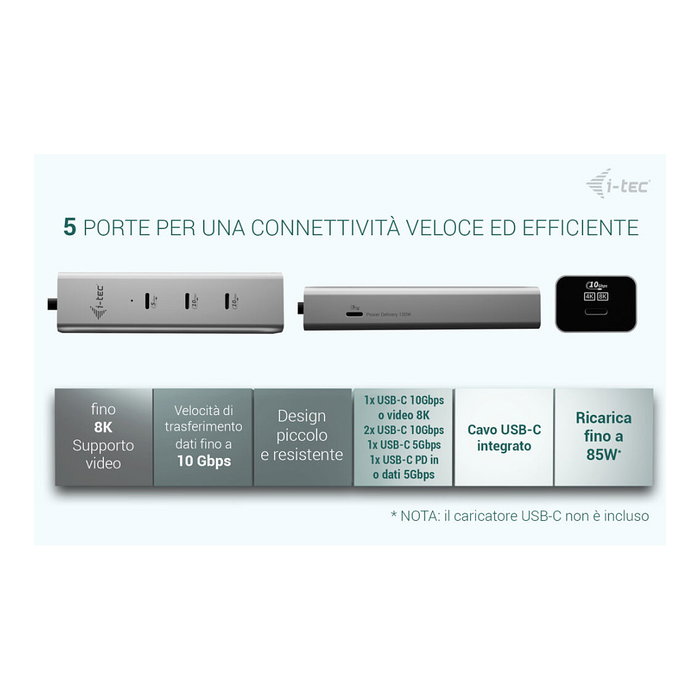 I-TEC Charge Metal Hub 5 Puertos USB-C 8K 85W Plata I-TEC Charge Metal Hub 5 Puertos USB-C 8K 85W Plata