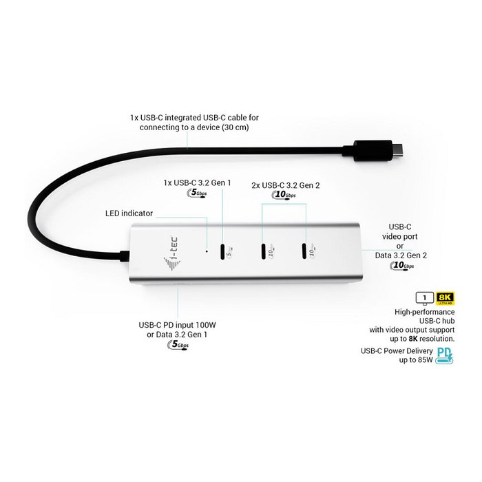 I-tec Metal C31HUBMETAL8KPDPRO Hub USB-C 5 Puertos 8K Plata