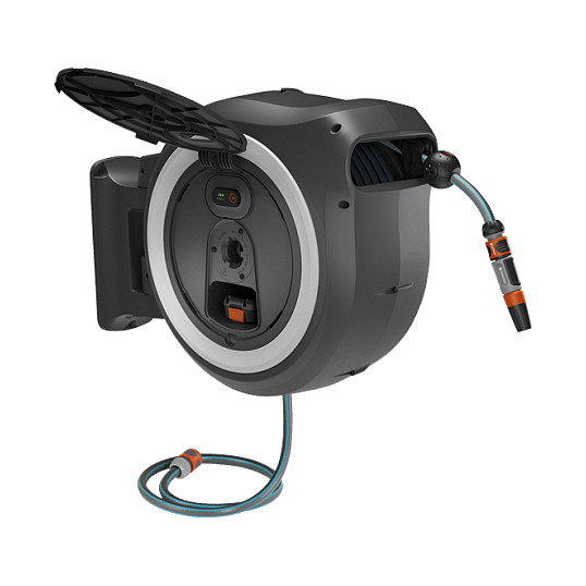 Gardena PowerRoll XXL P4A Akku-Wand-Schlauchwagen Solo con manguera 40m a batería 18V, negro
