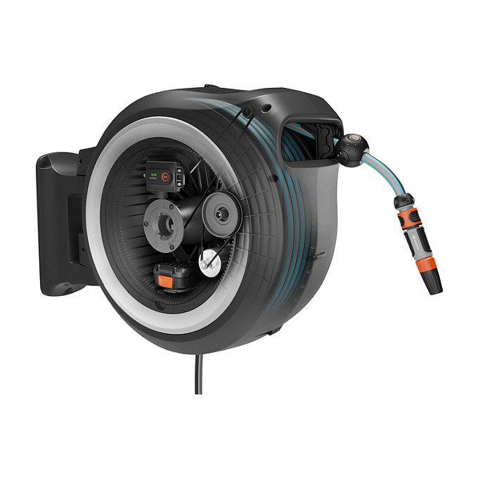 Gardena PowerRoll XXL P4A Akku-Wand-Schlauchwagen Solo con manguera 40m a batería 18V, negro