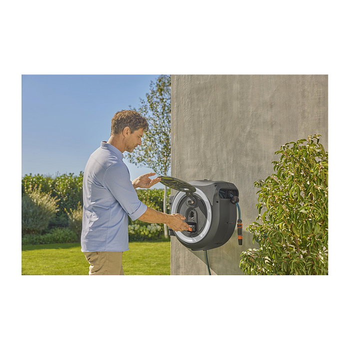 Gardena PowerRoll XXL P4A Akku-Wand-Schlauchwagen Solo con manguera 40m a batería 18V, negro