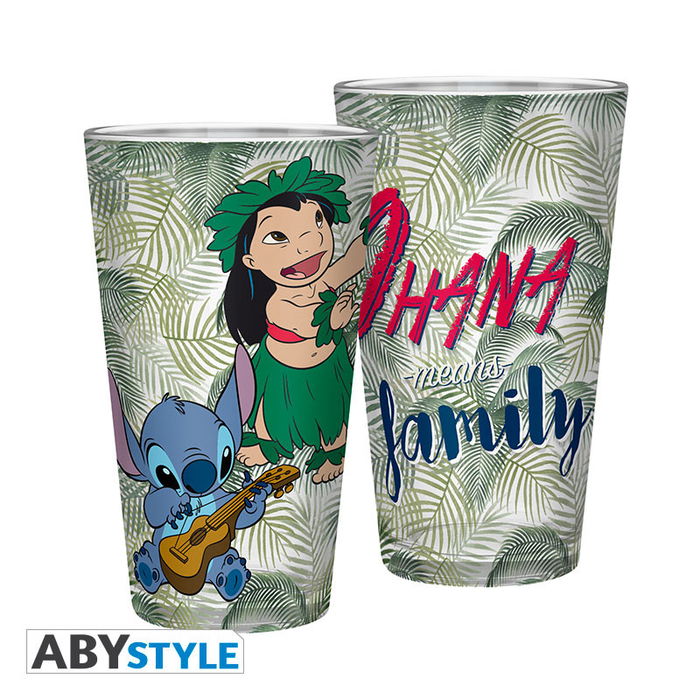 Abystyle Vaso Disney Lilo & Stitch "Ohana means family" - Pack de 2 vasos de 400 ml de vidrio - Diseño licenciado oficial