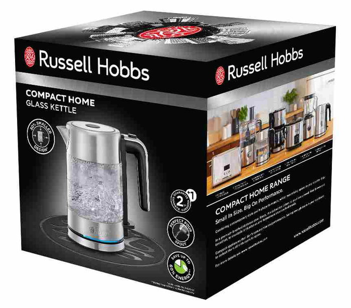 Russell Hobbs 24191-70 Hervidor de Vidrio Compact Home, Acero Inoxidable y Luz Indicadora Azul