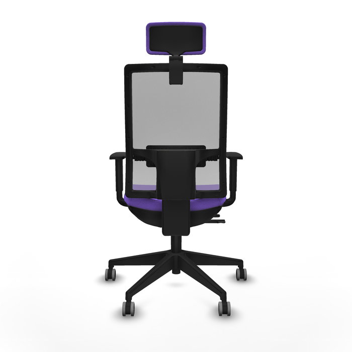 Silla de oficina Horna con mecanismo Sincro/Traslack tapizada con Tela color Lila y malla color Gris. Equipada con lumbar 1D, Brazos 1D, Cabecero 2D y Ruedas 65 mm parqué