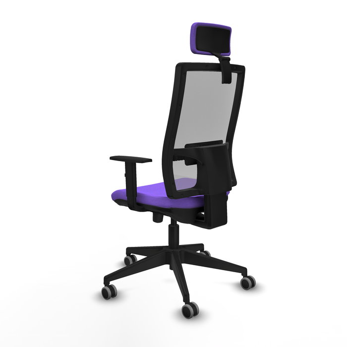 Silla de oficina Horna con mecanismo Sincro/Traslack tapizada con Tela color Lila y malla color Gris. Equipada con lumbar 1D, Brazos 1D, Cabecero 2D y Ruedas 65 mm parqué
