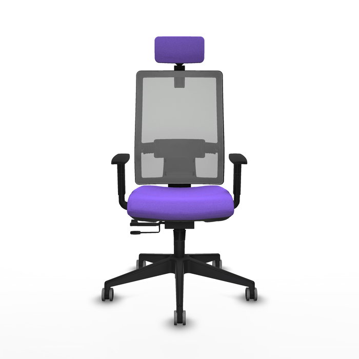Silla de oficina Horna con mecanismo Sincro/Traslack tapizada con Tela color Lila y malla color Gris. Equipada con lumbar 1D, Brazos 1D, Cabecero 2D y Ruedas 65 mm parqué