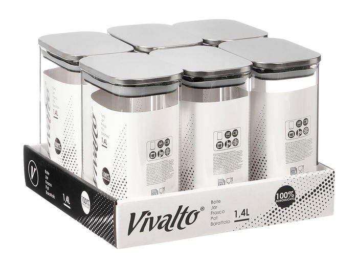 Vivalto Tarro Rectangular Borosilicato 1.4L Tapa Acero 12x15x8 cm (Set de 12)
