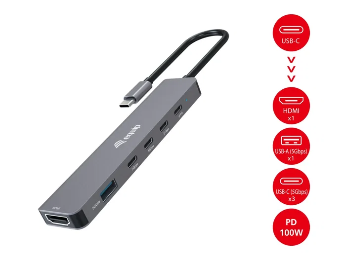 Equip 133500 Docking USB-C 6-en-1 para Portátil con Puerto HDMI 4K, 4x USB-C, USB-A y Carga PD 100W - Replicador de Puertos Alámbrico Gris