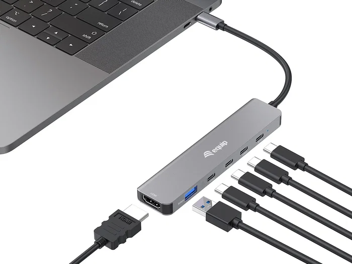 Equip 133500 Docking USB-C 6-en-1 para Portátil con Puerto HDMI 4K, 4x USB-C, USB-A y Carga PD 100W - Replicador de Puertos Alámbrico Gris