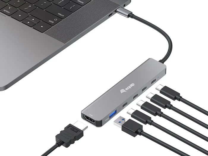 EQUIP Adaptador USB-C a HDMI, 4x USB-C y USB-A 4K 60Hz Gris EQUIP Adaptador USB-C a HDMI, 4x USB-C y USB-A 4K 60Hz Gris