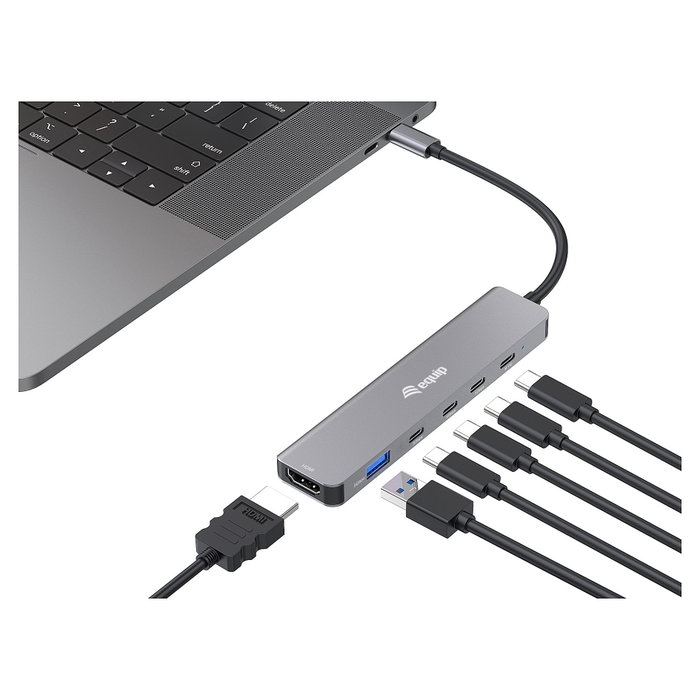 Equip 133500 Docking station USB-C 6-en-1 con HDMI 4K, 4xUSB-C y 1xUSB-A, Gris Equip 133500 Docking station USB-C 6-en-1 con HDMI 4K, 4xUSB-C y 1xUSB-A, Gris