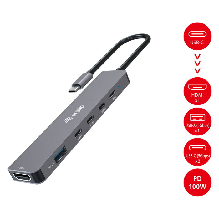 Equip 133500 Docking station USB-C 6-en-1 con HDMI 4K, 4xUSB-C y 1xUSB-A, Gris Equip 133500 Docking station USB-C 6-en-1 con HDMI 4K, 4xUSB-C y 1xUSB-A, Gris