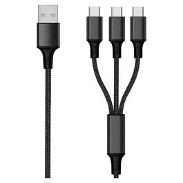 2GO Cable 3 en 1 USB de Carga y Datos con Conector USB B a Triple USB Tipo C, Forro de Nylon, 1.5 Metros, Negro