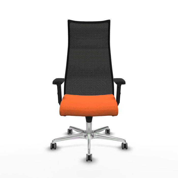 Sillón Albacete con mecanismo Sincro tapizada con Tela color Naranja y malla color Negro. Equipado con Base aluminio, Brazos 2D y Ruedas 65 mm parqué Sillón Albacete con mecanismo Sincro tapizada con Tela color Naranja y malla color Negro. Equipado con Base aluminio, Brazos 2D y Ruedas 65 mm parqué