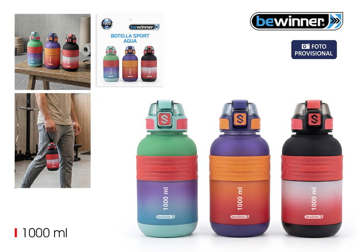 Inde Botella Deportiva Agua Multicolor 1000 ml (1L), 20.5 x 10.5 cm, Bewinner (12 Unidades) Inde Botella Deportiva Agua Multicolor 1000 ml (1L), 20.5 x 10.5 cm, Bewinner (12 Unidades)
