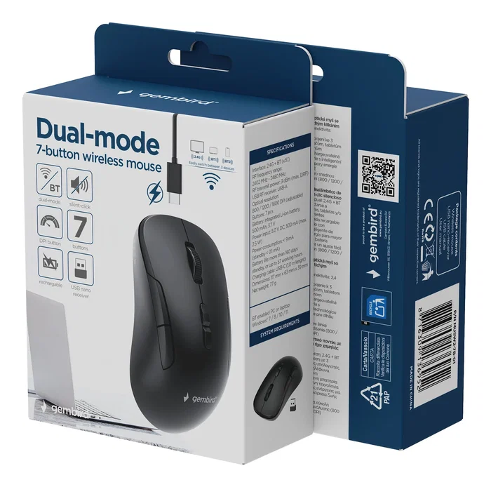 Gembird MUSW2-7B-01 Ratón Inalámbrico Modo Dual Negro